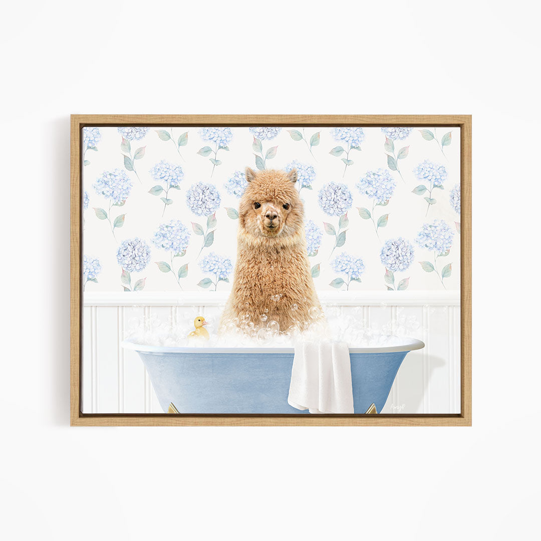 A fluffy brown dog is sitting in a blue bathtub filled with bubbles, surrounded by a floral patterned wall.
