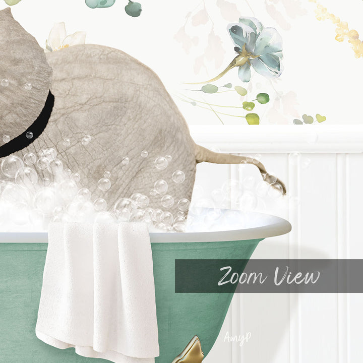 A close-up of a bathtub filled with bubbles, with a towel hanging on the side and a floral pattern on the wall behind the tub.