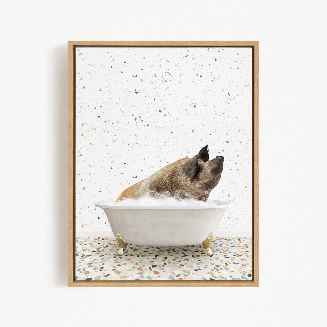 A brown dog is sitting in a white bathtub filled with water, appearing to be enjoying a bath.