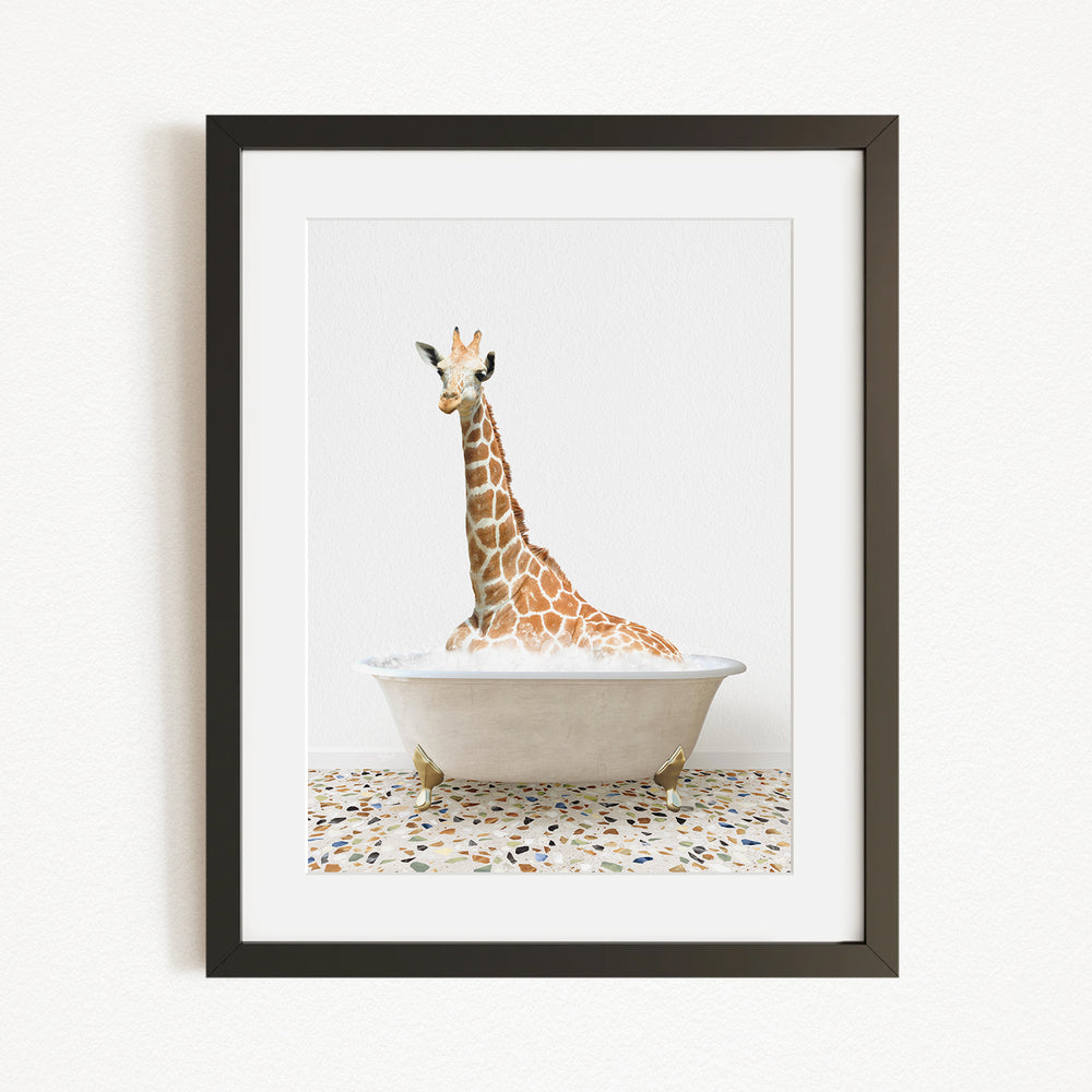 A giraffe sitting in a white bathtub filled with water, creating a whimsical and playful scene.