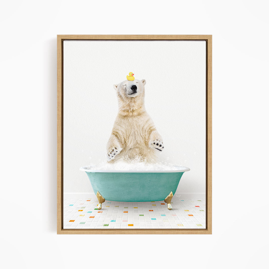 A polar bear standing in a blue bathtub, with a rubber duck perched on its head.