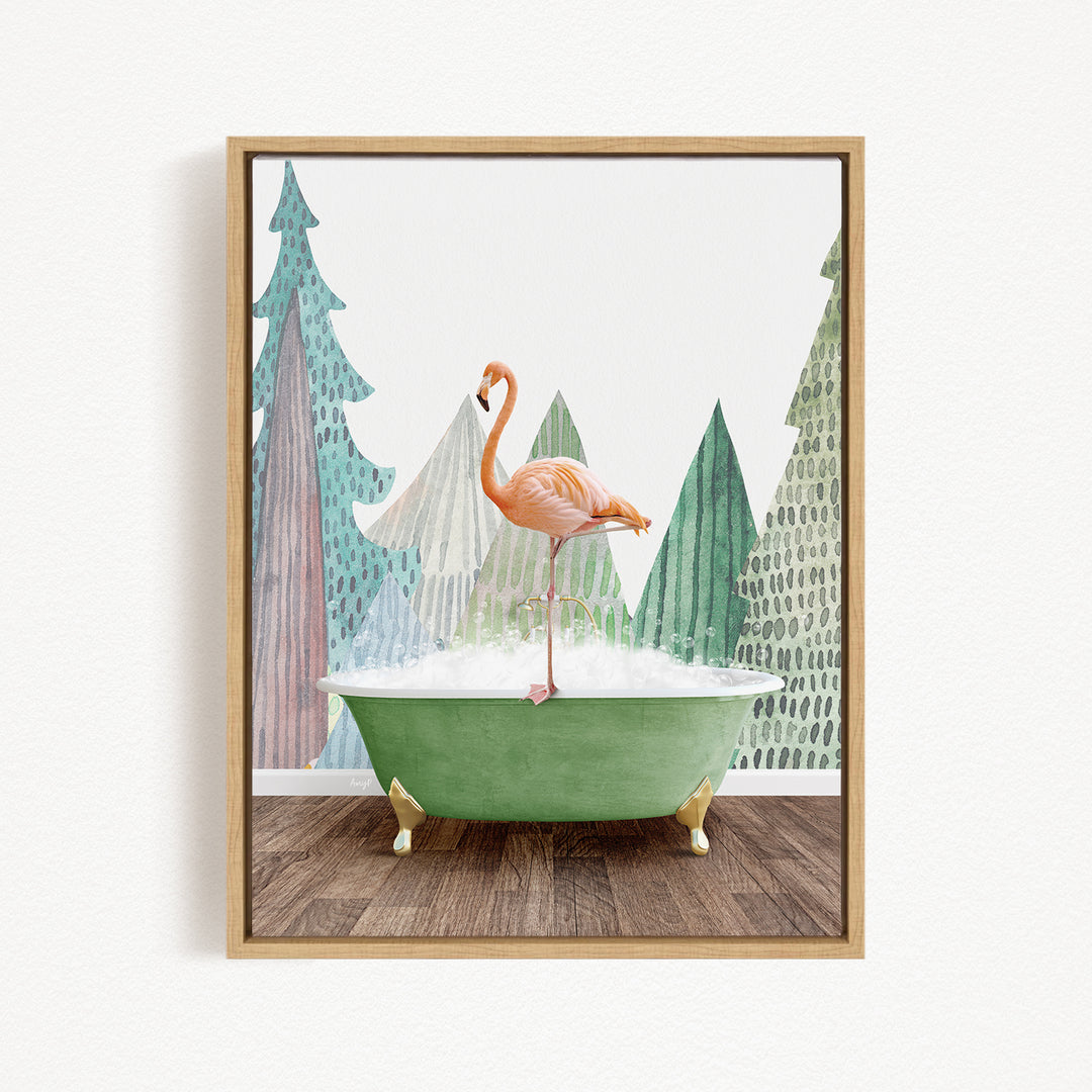 A pink flamingo stands on a green bathtub, surrounded by a forest-themed background with trees and snow.