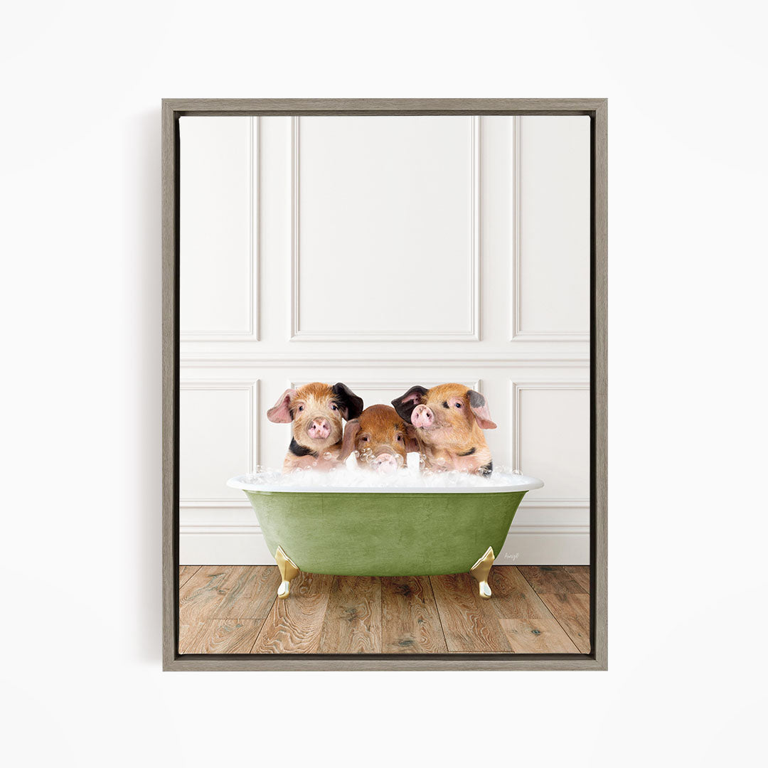 Three adorable pigs sitting in a green bathtub, enjoying a relaxing bath.