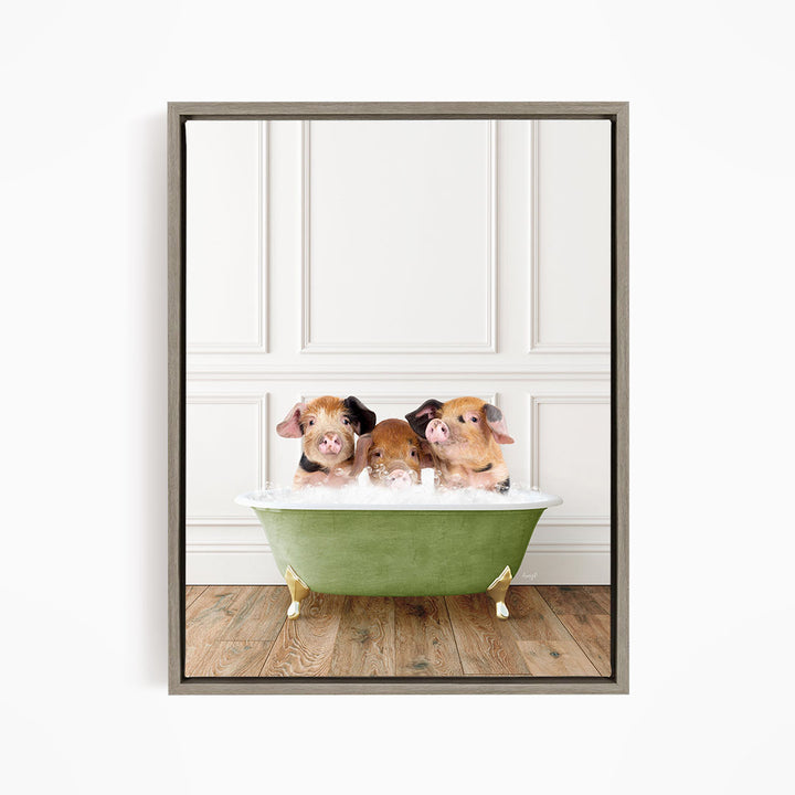 Three adorable pigs sitting in a green bathtub, enjoying a relaxing bath.