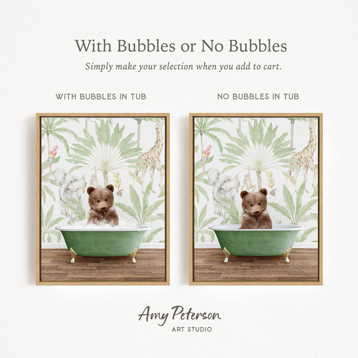 The image is a collage of two framed pictures, each featuring a bear sitting in a bathtub. The bear in the bathtub has bubbles, while the bear in the other bathtub does not have bubbles. The collage is titled "With Bubbles or No Bubbles" and is created by Amy Peterson from Art Studio.