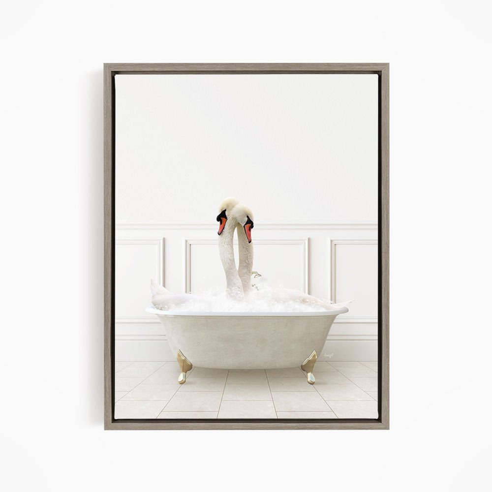 A pair of swans standing in a white bathtub filled with bubbles, creating a whimsical and playful scene.