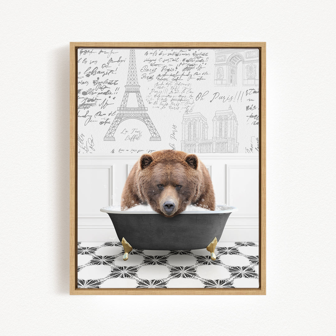 A brown bear is sitting in a bathtub filled with water, surrounded by various architectural drawings and text.