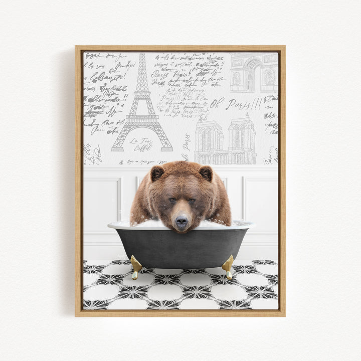 A brown bear is sitting in a bathtub filled with water, surrounded by various architectural drawings and text.