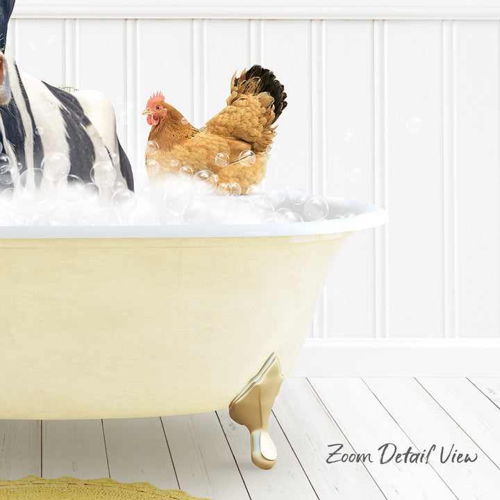 A chicken standing in a bathtub filled with bubbles, with a person's legs visible in the background.
