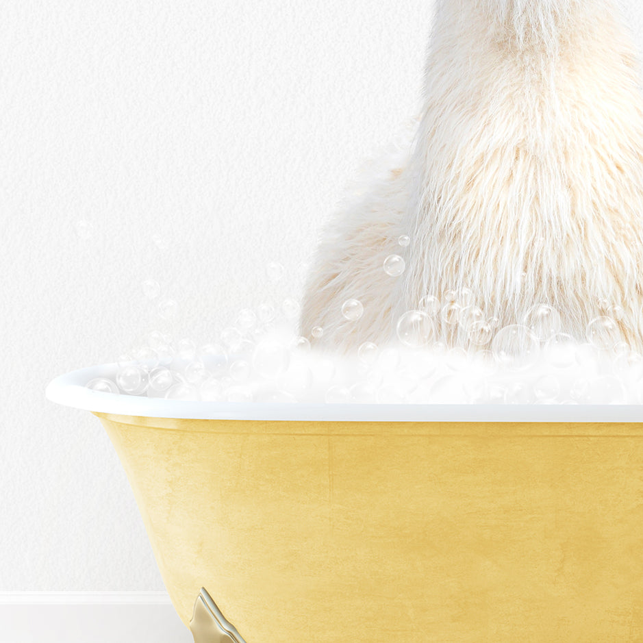 a polar bear sitting in a bathtub full of bubbles