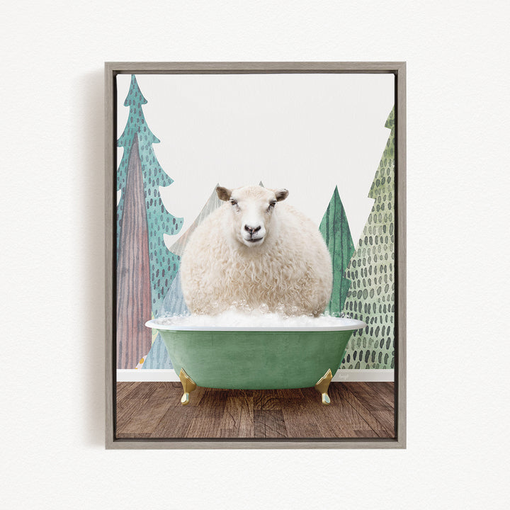 A fluffy white sheep sits in a green bathtub, surrounded by stylized trees and a snowy landscape.