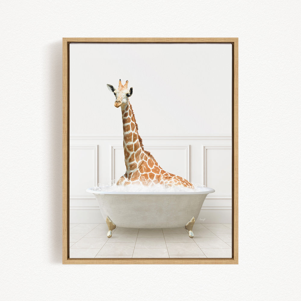 A giraffe sitting in a white bathtub filled with bubbles, creating a whimsical and playful scene.