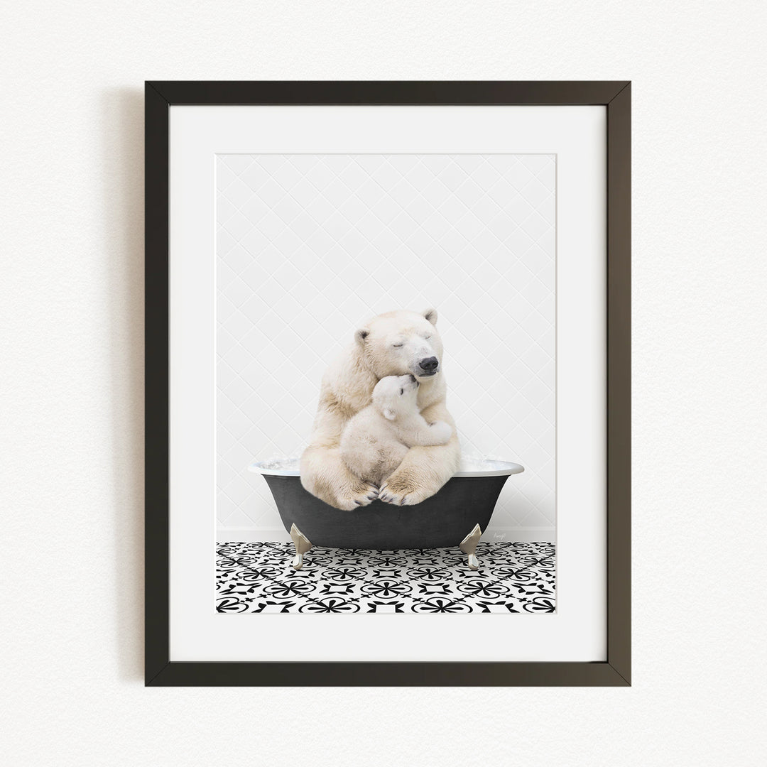 A polar bear and its cub sitting together in a bathtub, with the bear appearing to be hugging the cub.