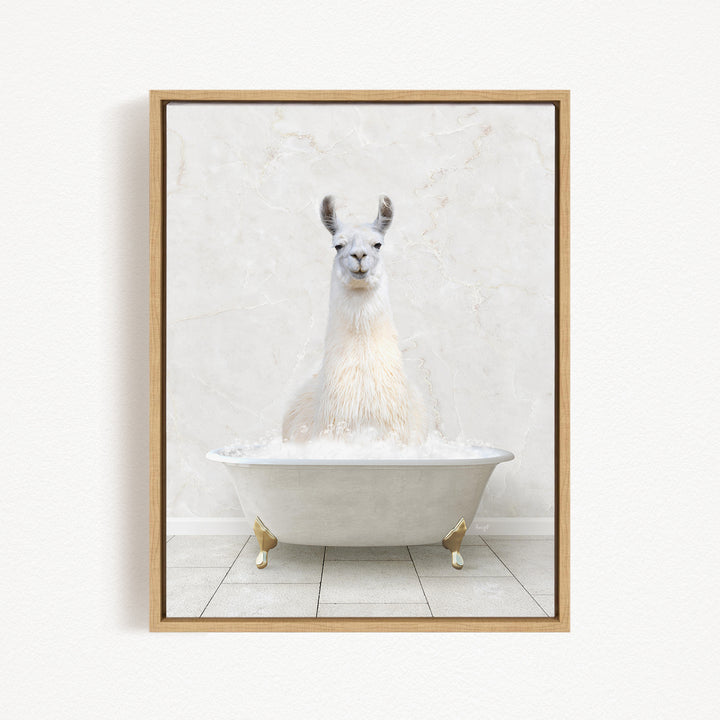 A white llama sitting in a white bathtub filled with bubbles, creating a whimsical and playful scene.