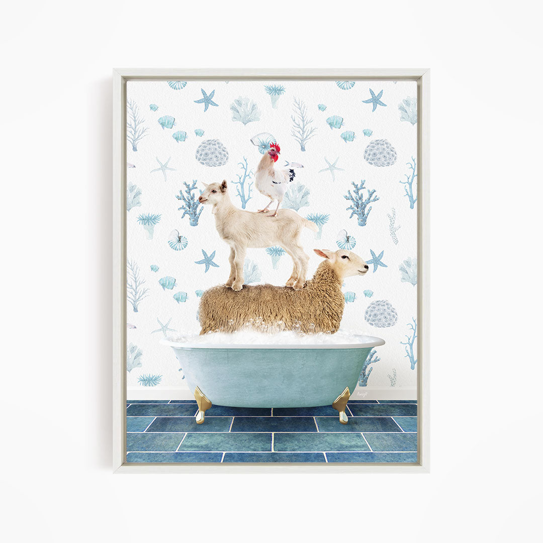 A sheep standing on a bathtub, with a chicken perched on top, against a backdrop of blue and white floral patterns.