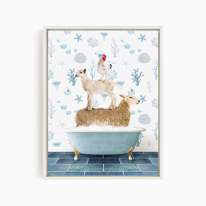 A sheep standing on a bathtub, with a chicken perched on top, against a backdrop of blue and white floral patterns.