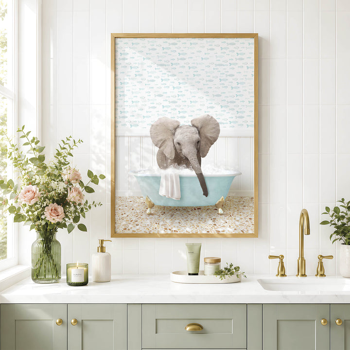 a bathroom scene with a framed picture of an elephant sitting in a bathtub, surrounded by flowers and a vase.