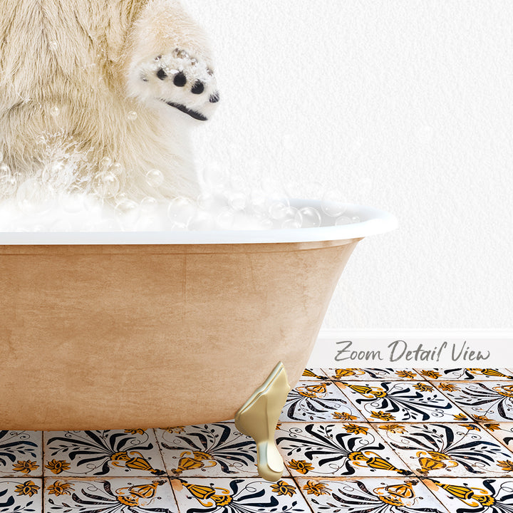 A polar bear is standing in a bathtub filled with bubbles, with a patterned tile floor visible beneath the tub.
