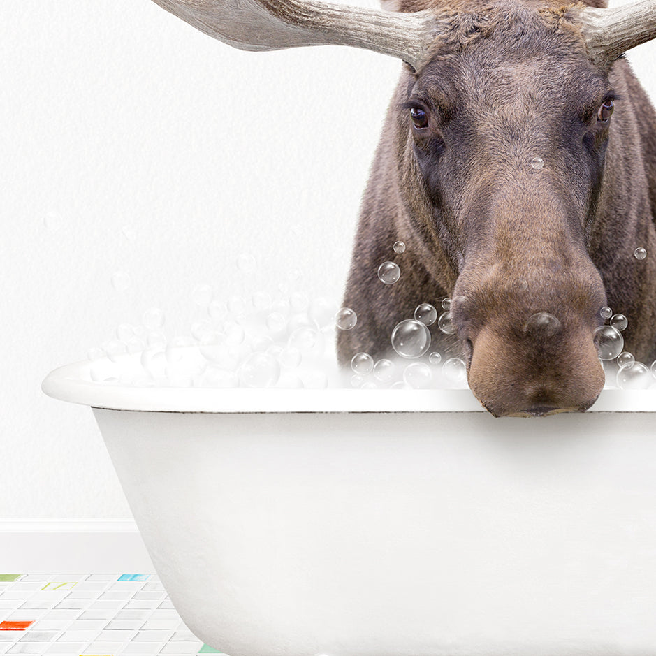 a moose is taking a bath in a bathtub