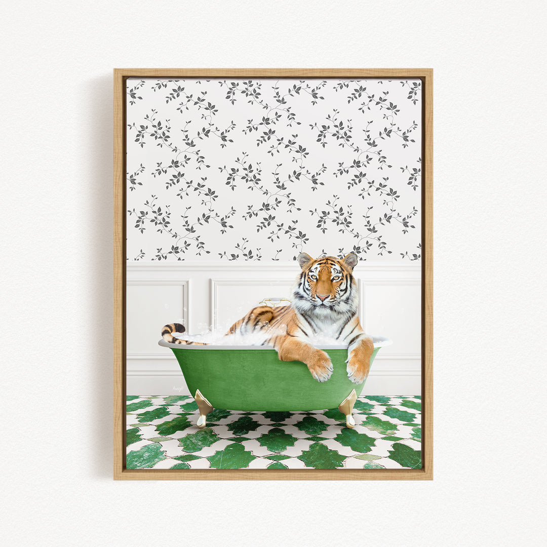 A tiger is sitting in a green bathtub, surrounded by a patterned wall and a green and white checkered floor.