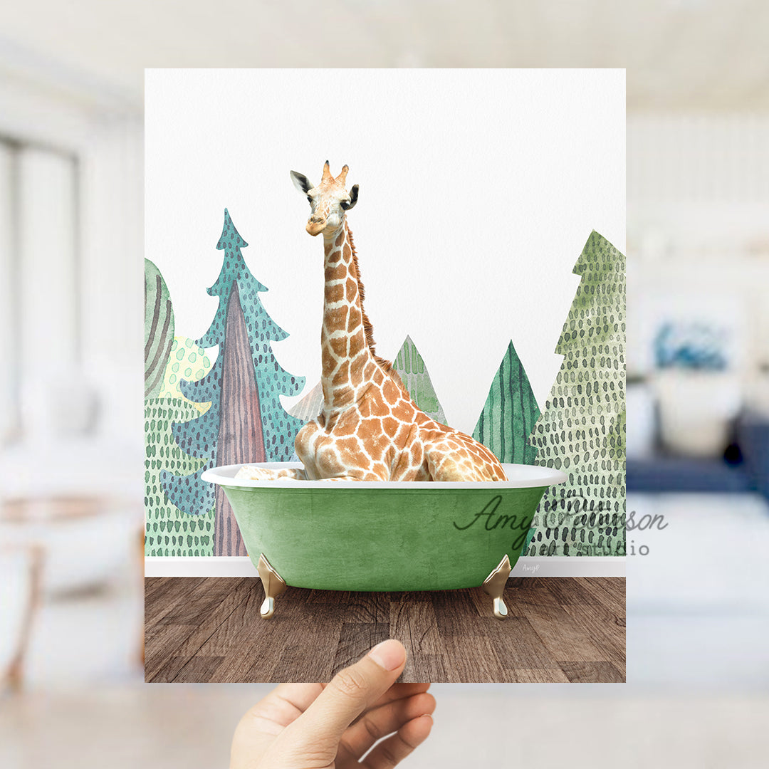 a giraffe is sitting in a green bathtub