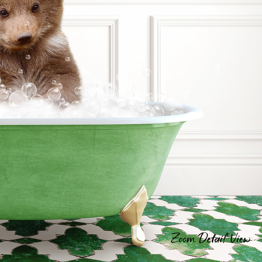 A brown bear is sitting in a green bathtub filled with bubbles, creating a playful and whimsical scene.