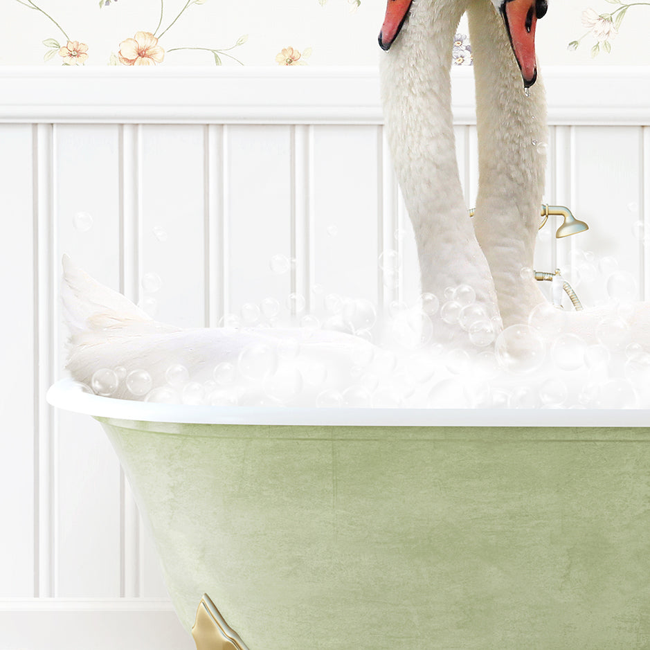 a white swan standing in a bathtub filled with foam