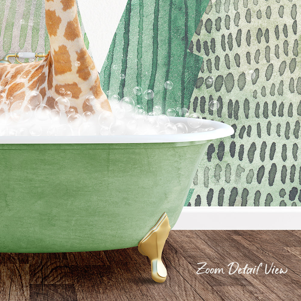 A giraffe is standing in a green bathtub filled with bubbles, creating a whimsical and playful scene.