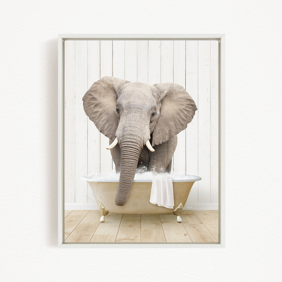 A large gray elephant is standing in a bathtub filled with water, with its trunk submerged in the water.