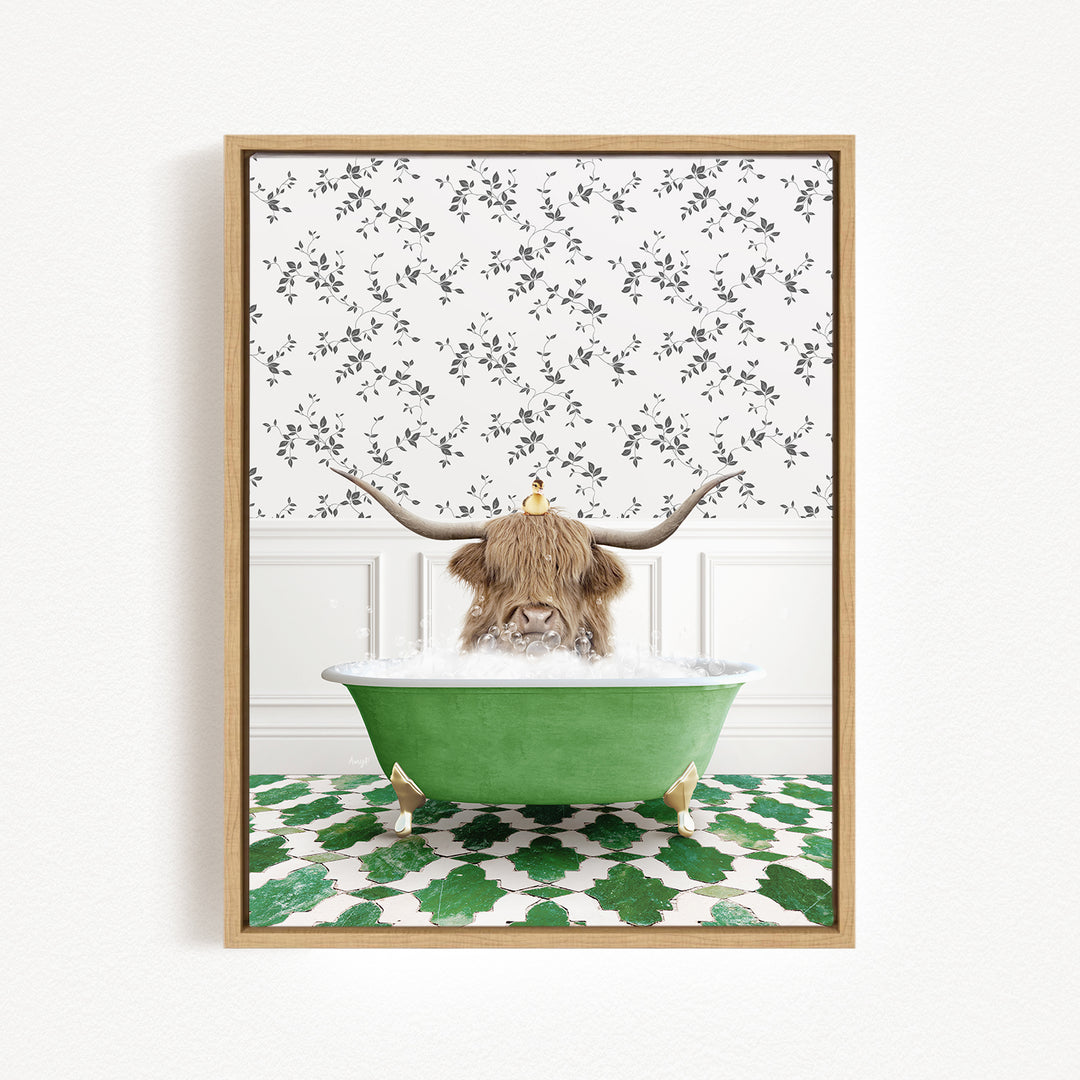 A Highland cow with large horns is sitting in a green bathtub filled with bubbles, surrounded by a patterned tile floor and a floral wallpaper background.