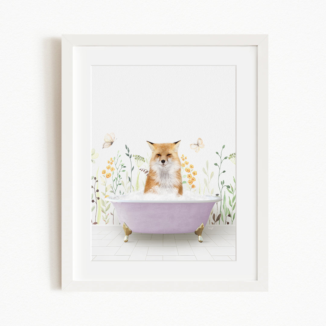 A fox is sitting in a purple bathtub filled with bubbles, surrounded by flowers and butterflies.