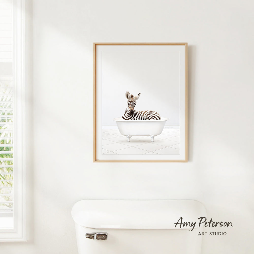 A framed image of a zebra sitting in a white bathtub is hanging on a white wall.