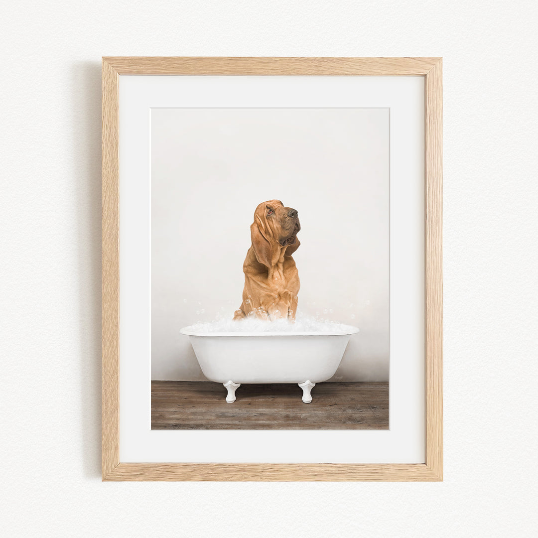 A brown dog standing in a white bathtub filled with water, with its head raised and eyes closed, creating a playful and adorable scene.