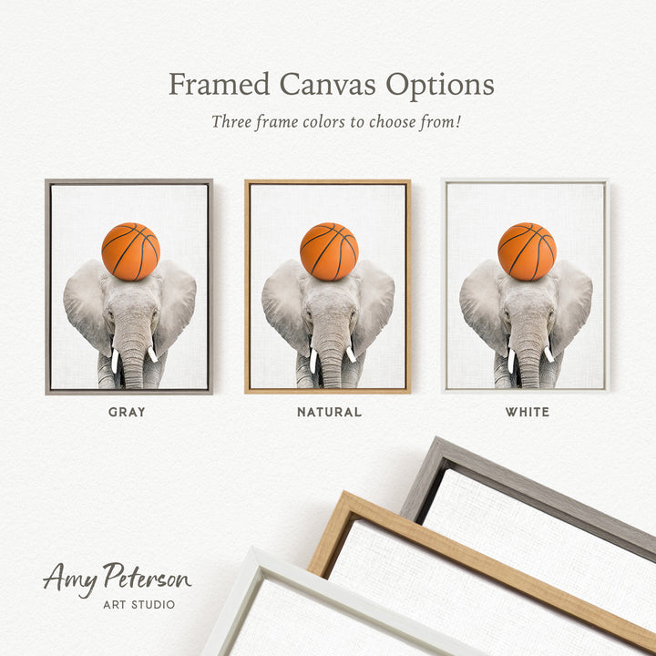 three framed canvas options featuring an elephant holding a basketball on its head. The options include a gray, a natural, and a white frame.
