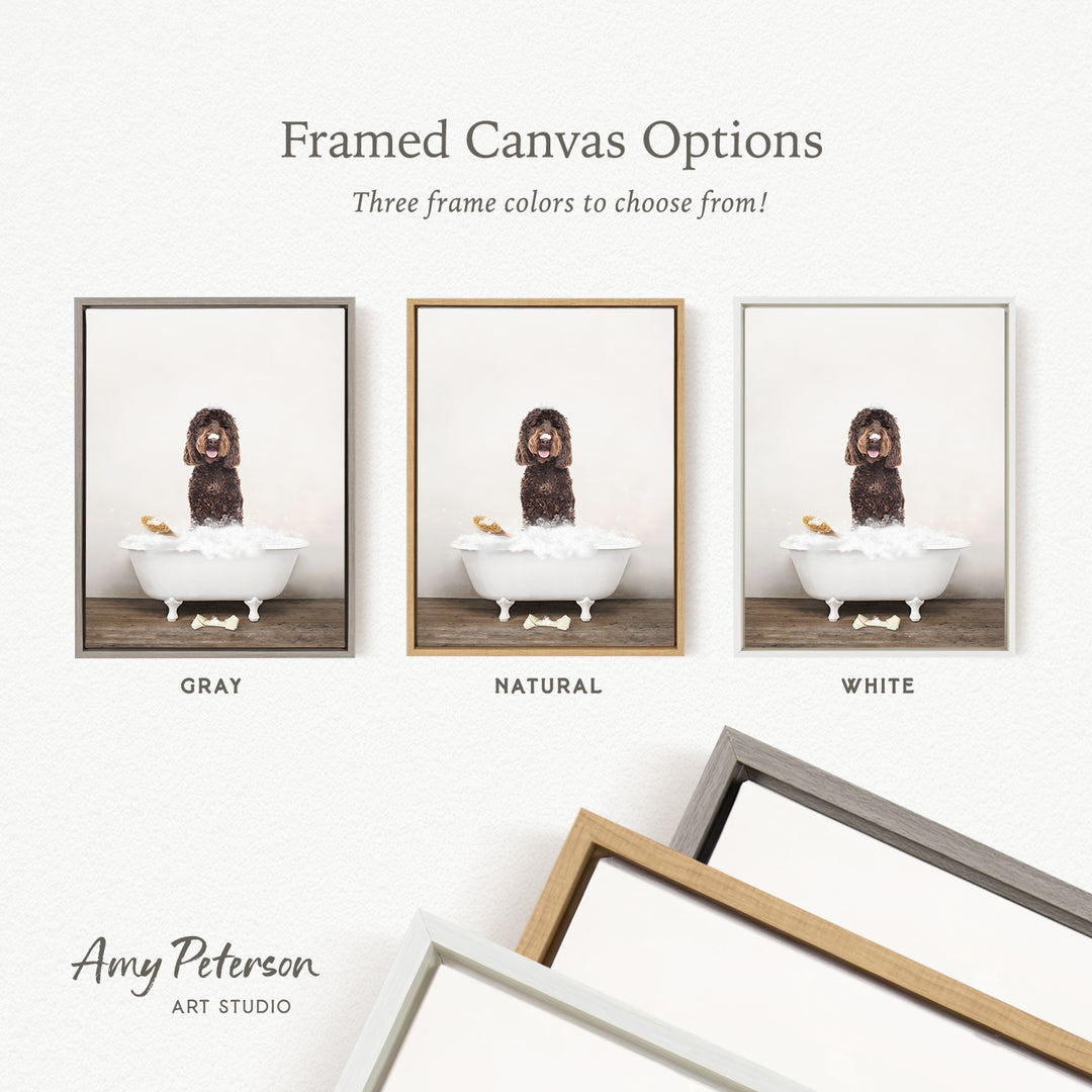 three framed canvas options, each featuring a dog sitting in a bathtub. The options include a gray frame, a natural frame, and a white frame.