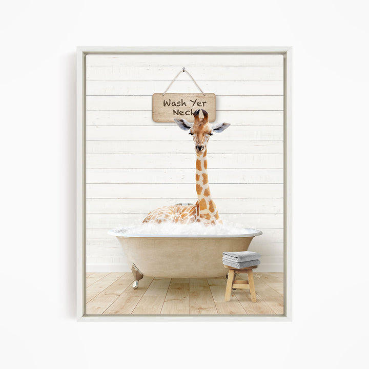 A giraffe sitting in a bathtub with a sign that says "Wash Your Neck" hanging above it.