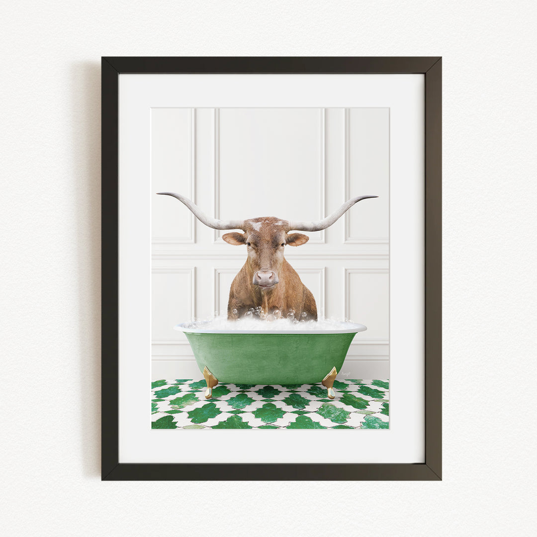 A brown cow with long horns is sitting in a green bathtub filled with water, creating a whimsical and humorous scene.