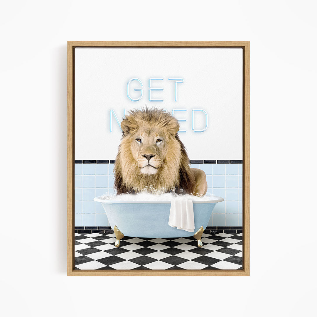 A lion sitting in a bathtub with the text "GET NEEDED" written on the wall behind it.