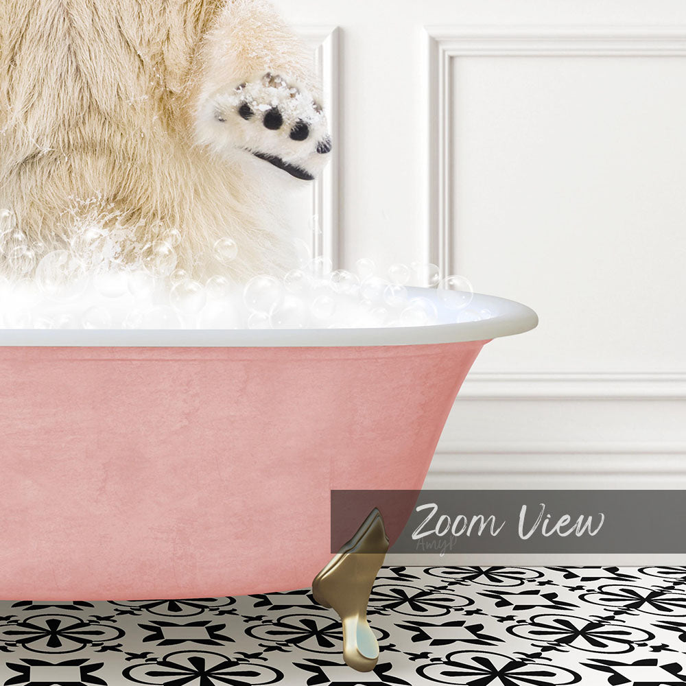 A pink bathtub filled with bubbles, with a dog's paw resting on the edge of the tub.