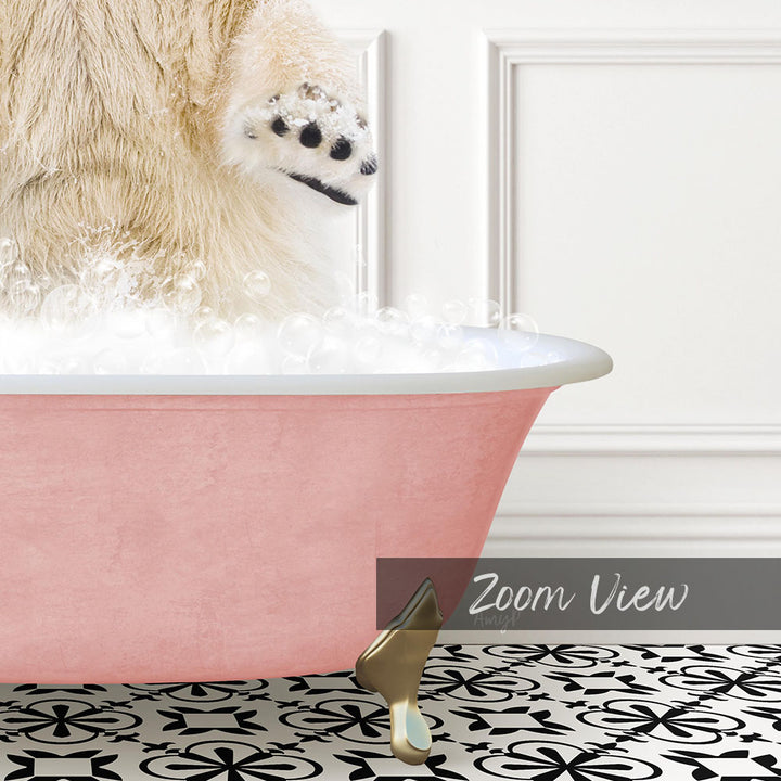 A pink bathtub filled with bubbles, with a dog's paw resting on the edge of the tub.