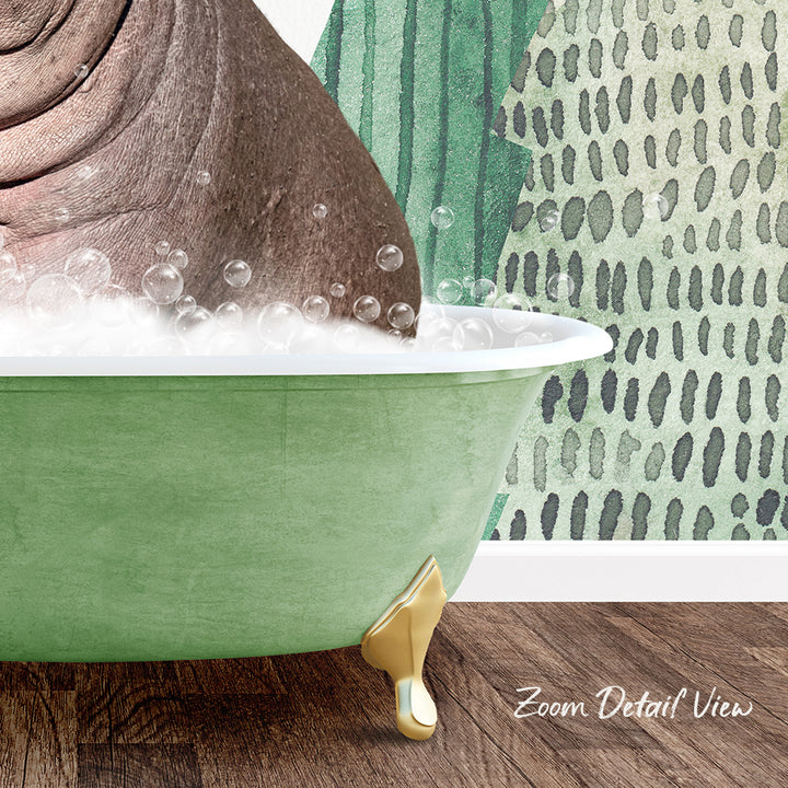 A green bathtub filled with bubbles, with a patterned wall in the background.