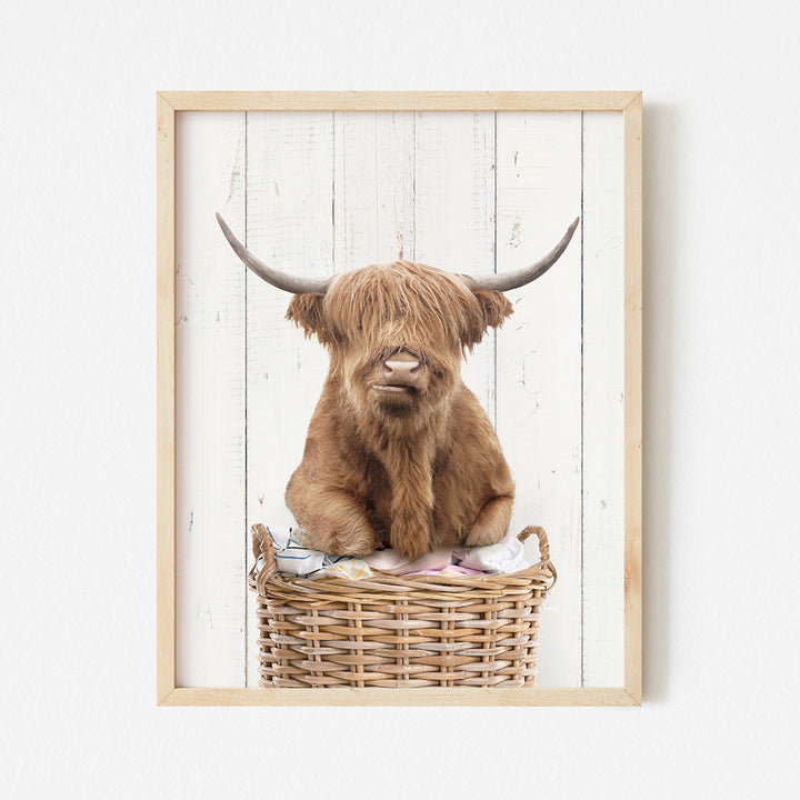 a picture of a highland cow sitting in a basket