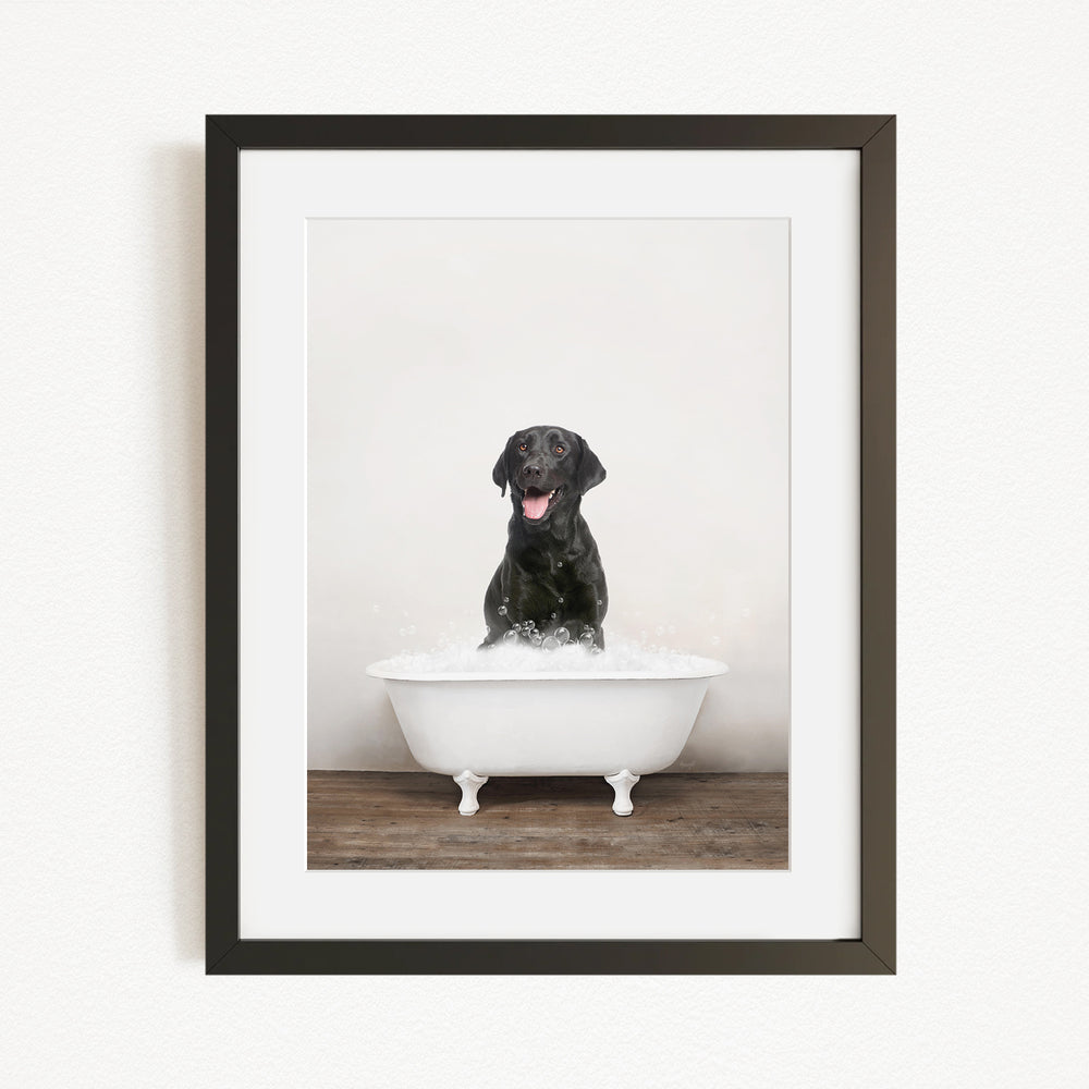 A black dog sitting in a white bathtub filled with water, appearing to be enjoying the bath.