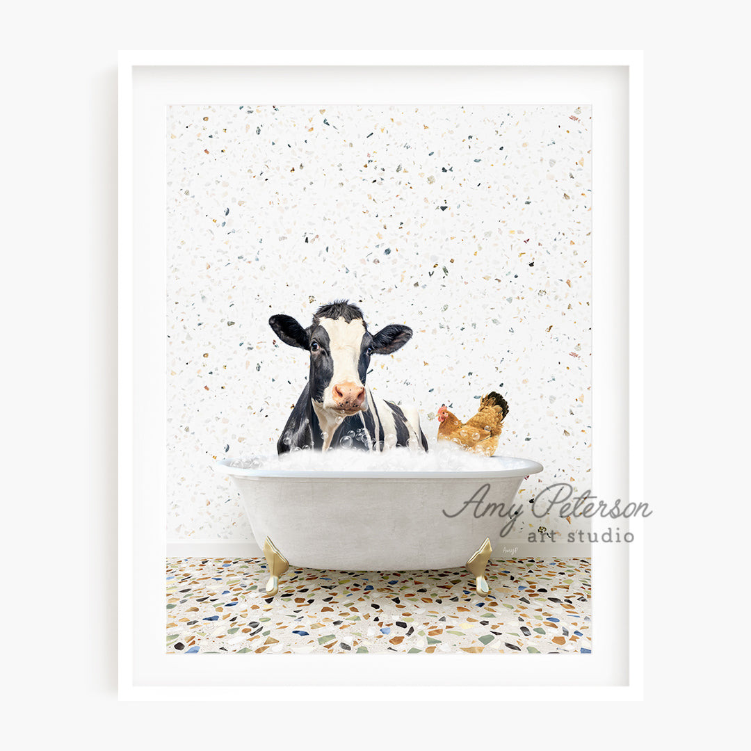 a painting of a cow in a bathtub with two chickens