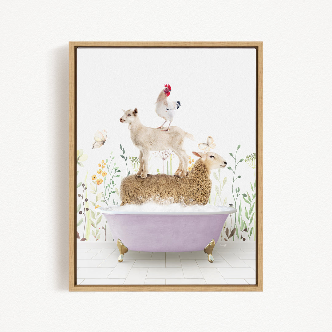 A framed image depicting a sheep standing on a bathtub, with a chicken perched on top of it, and a lamb sitting on the tub's edge.