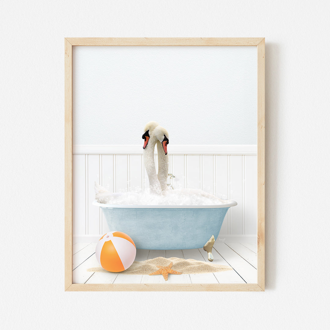 a picture of a swan in a bathtub with a beach ball