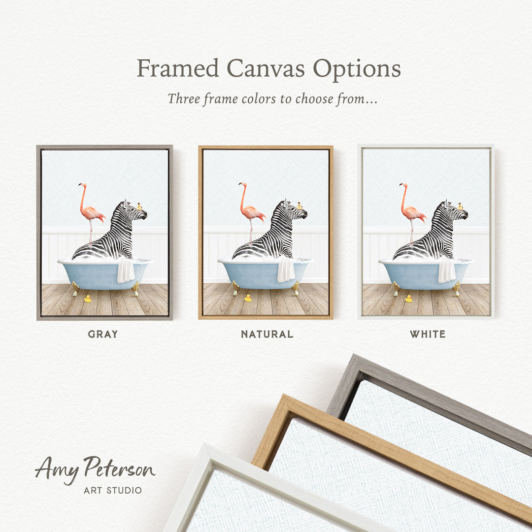 three framed canvas options featuring a zebra and a flamingo in a bathtub, with three different frame colors to choose from: gray, natural, and white.