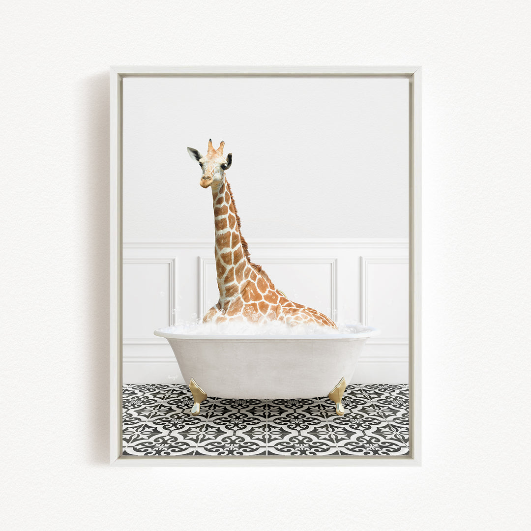 A giraffe sitting in a white bathtub filled with bubbles, creating a whimsical and playful scene.