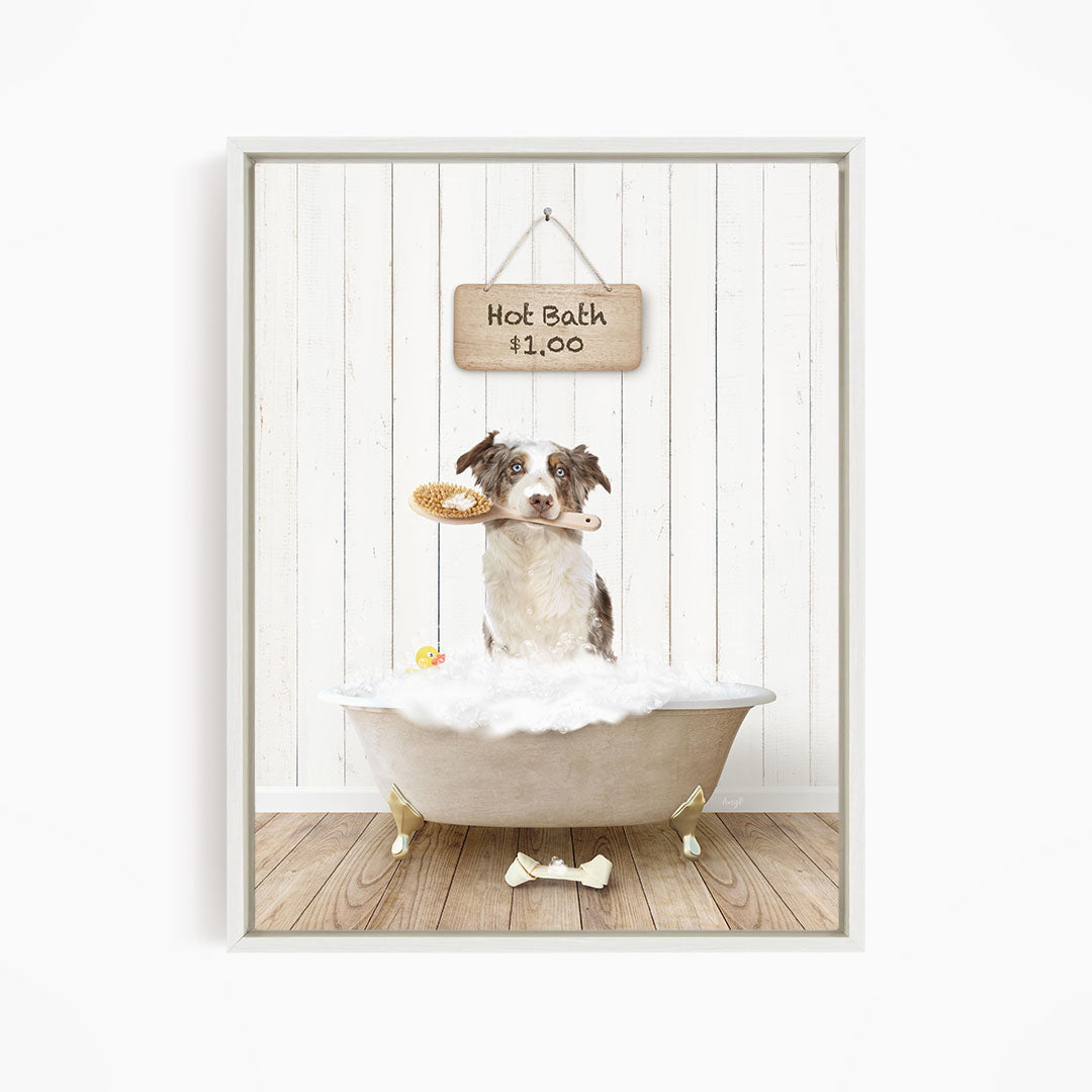 A dog sitting in a white bathtub filled with bubbles, holding a toothbrush in its mouth, with a sign above indicating a hot bath for $1.00.