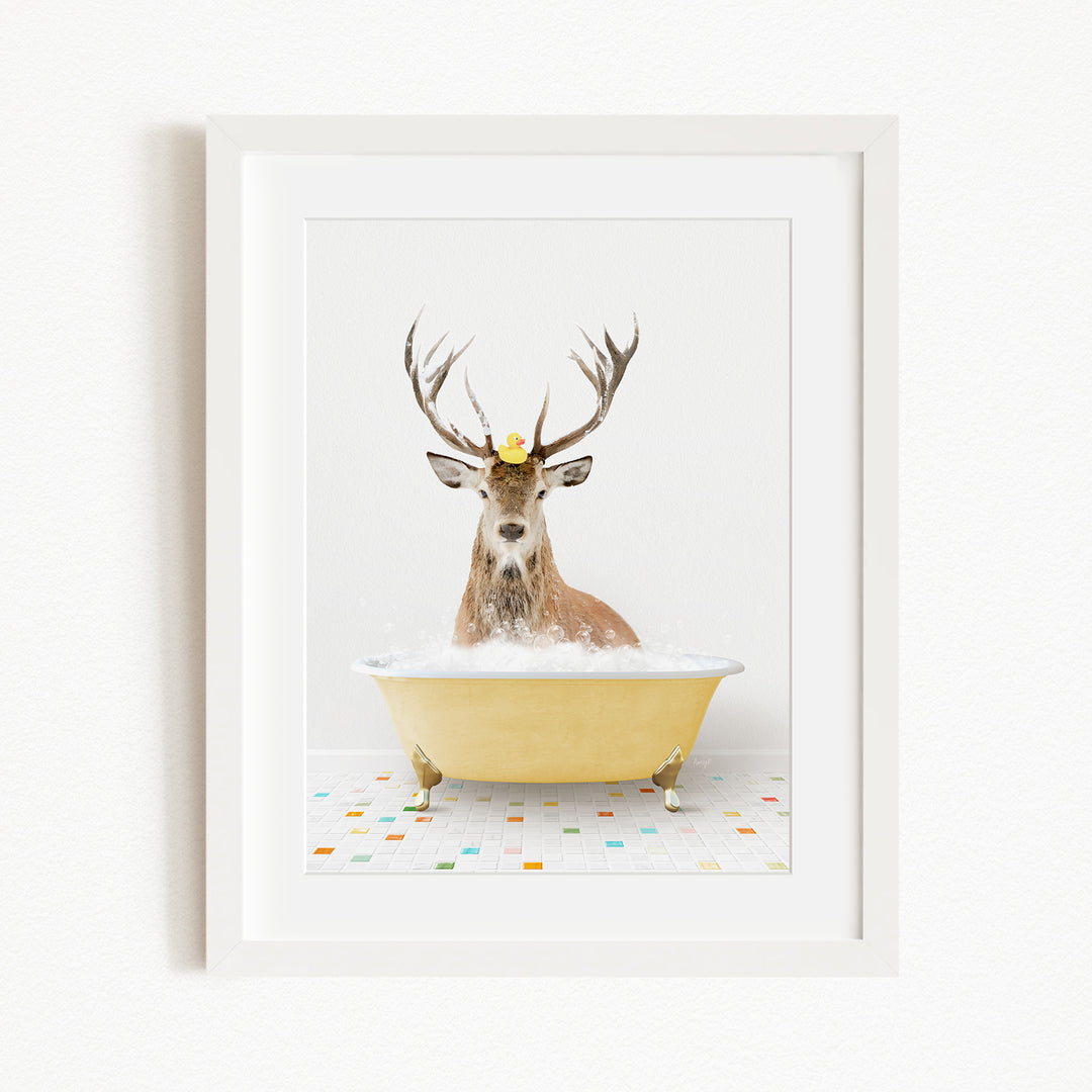 A deer with antlers is sitting in a yellow bathtub filled with water, with a rubber duck perched on its head.